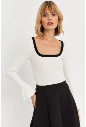 Kadın Ekru Kontrast Yaka İspanyol Kol Bluz ALB3105