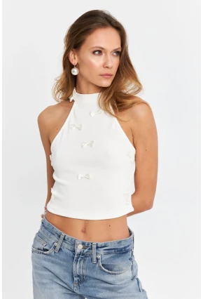 Kadın Ekru Kurdele Detaylı Halter Yaka Bluz MTK13231
