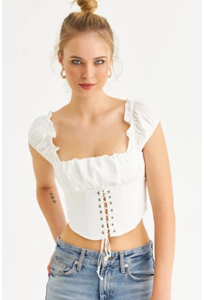 Kadın Ekru Kuş Gözlü Crop Bluz YEL221128