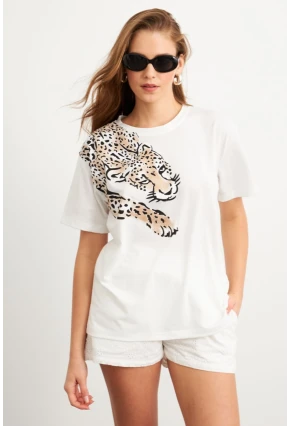 Kadın Ekru Leopar Baskılı T-Shirt FİR2137