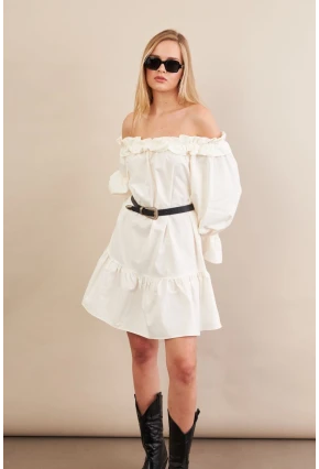 Kadın Ekru Madonna Yaka Midi Elbise PSG1012