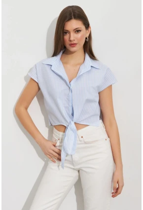 Kadın Ekru-Mavi Çizgili Bağlamalı Crop Gömlek MPC306