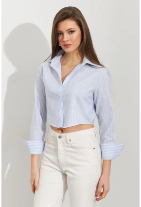 Kadın Ekru-Mavi Çizgili Crop Gömlek MPC305