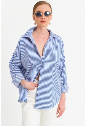Kadın Ekru-Mavi Çizgili Gömlek ZER425