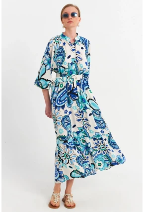 Kadın Ekru-Mavi Desenli Kemerli Midi Gömlek Elbise MSH3051