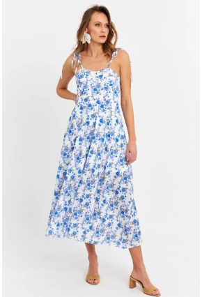 Kadın Ekru-Mavi İp Askılı Çiçekli Midi Elbise ERL10013