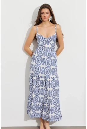 Kadın Ekru-Mavi Sırt Dekolteli Desenli Maxi Elbise LİT110