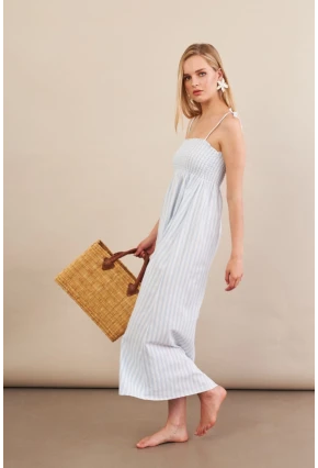 Kadın Ekru-Mavi Straplez çizgili Plaj Elbisesi OR502