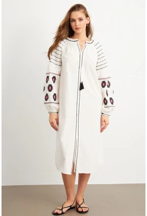 Kadın Ekru Nakışlı Balon Kol Keten Midi Elbise MQS5689-1