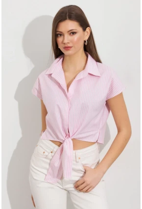 Kadın Ekru-Pembe Çizgili Bağlamalı Crop Gömlek MPC306