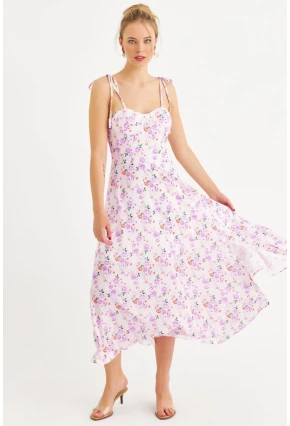 Kadın Ekru-Pembe İp Askılı Çiçekli Midi Elbise ERL10013
