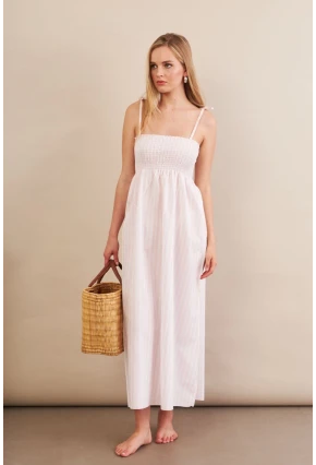 Kadın Ekru-Pudra Straplez Çizgili Plaj Elbisesi OR502