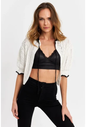 Kadın Ekru-Siyah Ajurlu Triko Hırka YV307