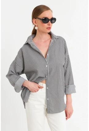 Kadın Ekru-Siyah Çizgili Gömlek ZER425