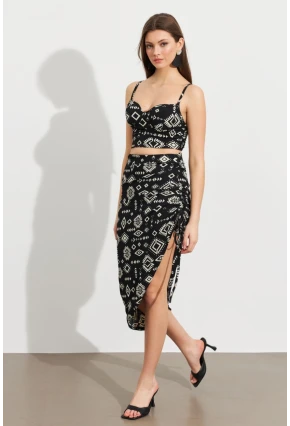 Kadın Ekru-Siyah Desenli Crop Etek Takım LİT108