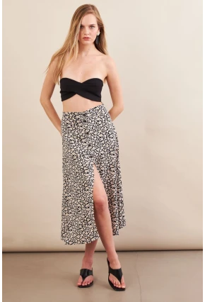 Kadın Ekru-Siyah Düğmeli Midi Etek SH60