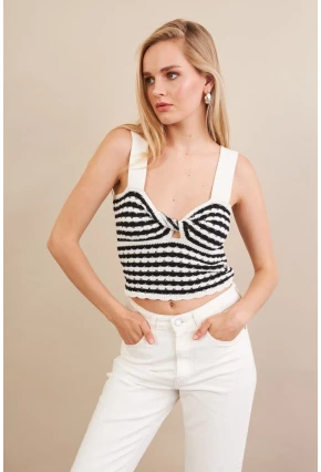 Kadın Ekru-Siyah Dügümlü Triko Bluz ZH03-90
