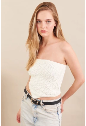 Kadın Ekru Straplez Triko Crop Bluz ZH049