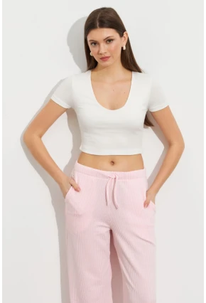 Kadın Ekru V Yaka Crop Bluz TOP101