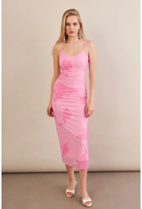 Kadın Fuşya Astarlı Midi Tül Elbise MRS130