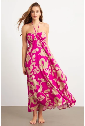 Kadın Fuşya Büzgülü Desenli Midi Elbise KAB304