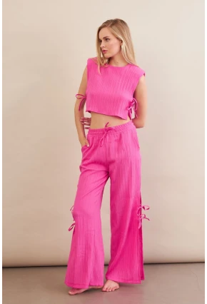 Kadın Fuşya Omuzları Vatkalı Bağlama Detaylı Alt Üst Takım KED002