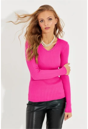 Kadın Fuşya V Yaka Fitilli Triko Bluz SMT216