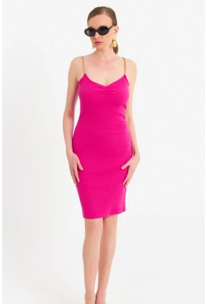 Kadın Fuşya Zincir Askılı Kaşkorse Midi Elbise UR204