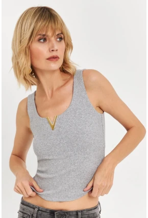 Kadın Gri Aksesuarlı Kaşkorse Bluz RLO116