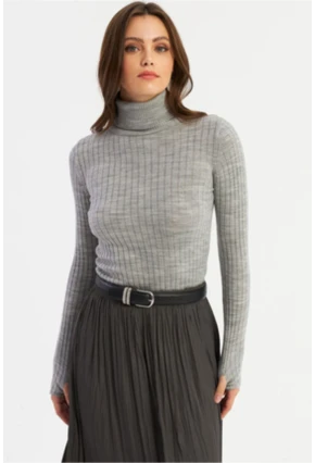 Kadın Gri Balıkçı Yaka Triko Bluz YV102-90