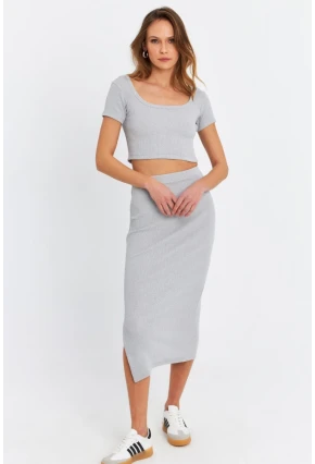 Kadın Gri Crop Etek Takım OR2060
