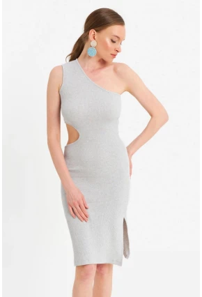 Kadın Gri Dekolteli Kaşkorse Midi Elbise OR2460