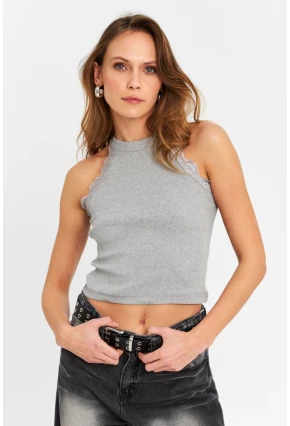 Kadın Gri Halter Yaka Dantelli Bluz MK04