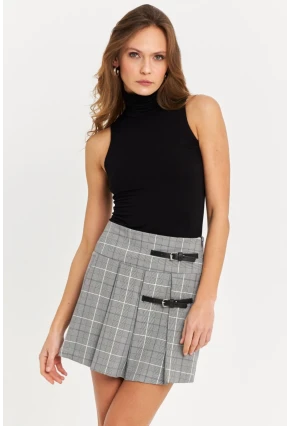 Kadın Gri Kemer Detaylı Ekose Şort Etek FS9473