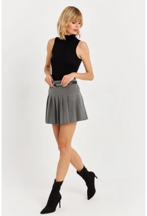 Kadın Gri Kemerli Pilili Mini Etek ELA6024