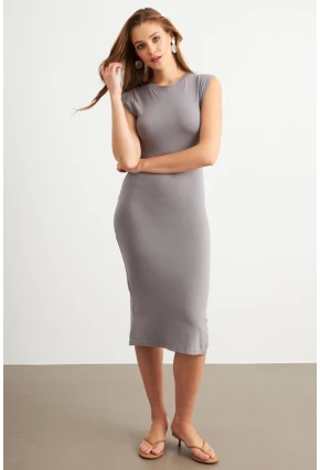 Kadın Gri Kolsuz Basic Midi Elbise FLU7109