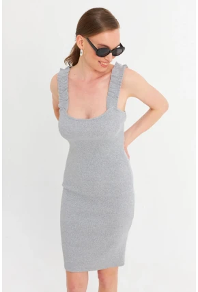 Kadın Gri Omuz Bantlı Kaşkorse Mini Elbise URO203