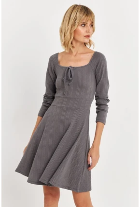 Kadın Gri Önü Bağlamalı Mini Elbise TF59