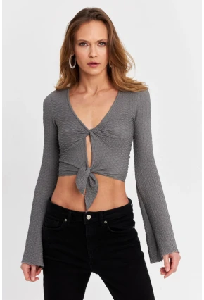 Kadın Gri Önü Düğümlü İspanyol Kol Bluz SB353