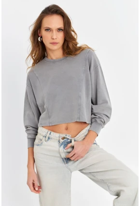 Kadın Gri Salaş Crop Sweatshirt ZH08