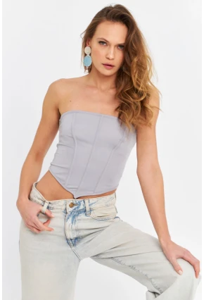 Kadın Gri Straplez Crop Bluz B6081