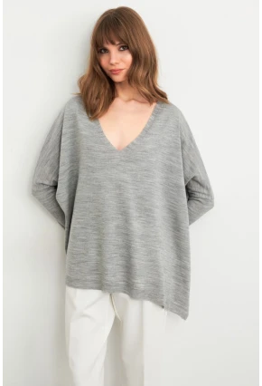 Kadın Gri V Yaka Salaş Bluz YV304