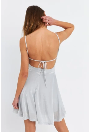 Kadın Gümüş Rengi Kruvaze Simli Astarlı Mini Elbise DCF110