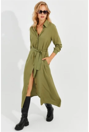 Kadın Haki Cepli Gömlek Midi Elbise BK1683