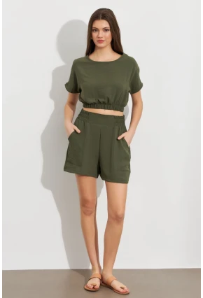 Kadın Haki Crop Şort Takım Q1014