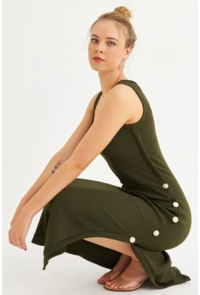 Kadın Haki Düğme Detaylı Kaşkorse Midi Elbise EY2837