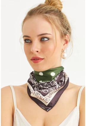 Kadın Haki-Ekru Saten Fular FİR100