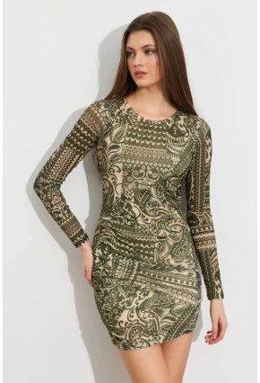 Kadın Haki Etnik Desenli Mini Elbise ROP110