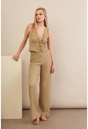 Kadın Haki Gofre Yelek Pantalon Takım FLU330