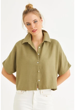Kadın Haki Kısa Kollu Crop Gömlek CNG117